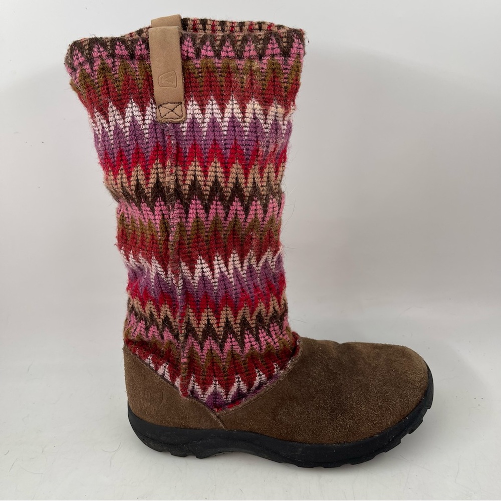 Keen Girl’s Auburn Youth-SZ 3 Y - Brown Suede Chevron Knit Sweater Boots